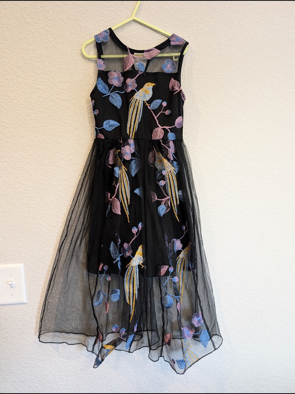 GB girls Sz 7 Black Mesh Dress with Multicolor Floral & Bird Bohomian Embroidery